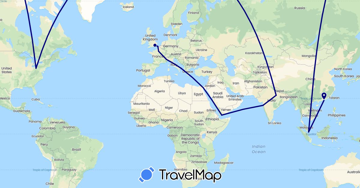 TravelMap itinerary: driving in China, Egypt, France, United Kingdom, India, Italy, Malaysia, United States, Yemen (Africa, Asia, Europe, North America)
